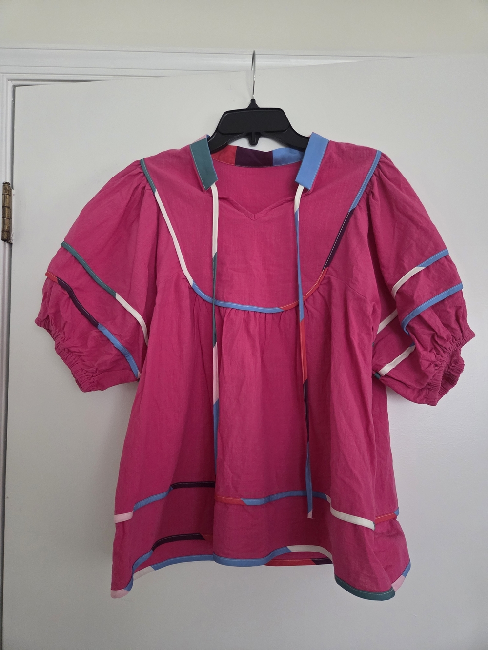 Farm Rio Style Pink Puff Sleeve Peasant Top with Multicolor Trim